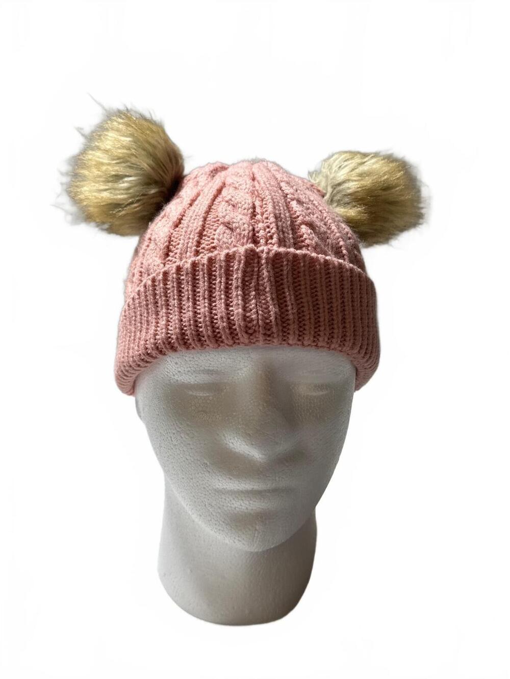 Pink Cable Knit Beanie Hat with Faux Fur Pom Pom Ears